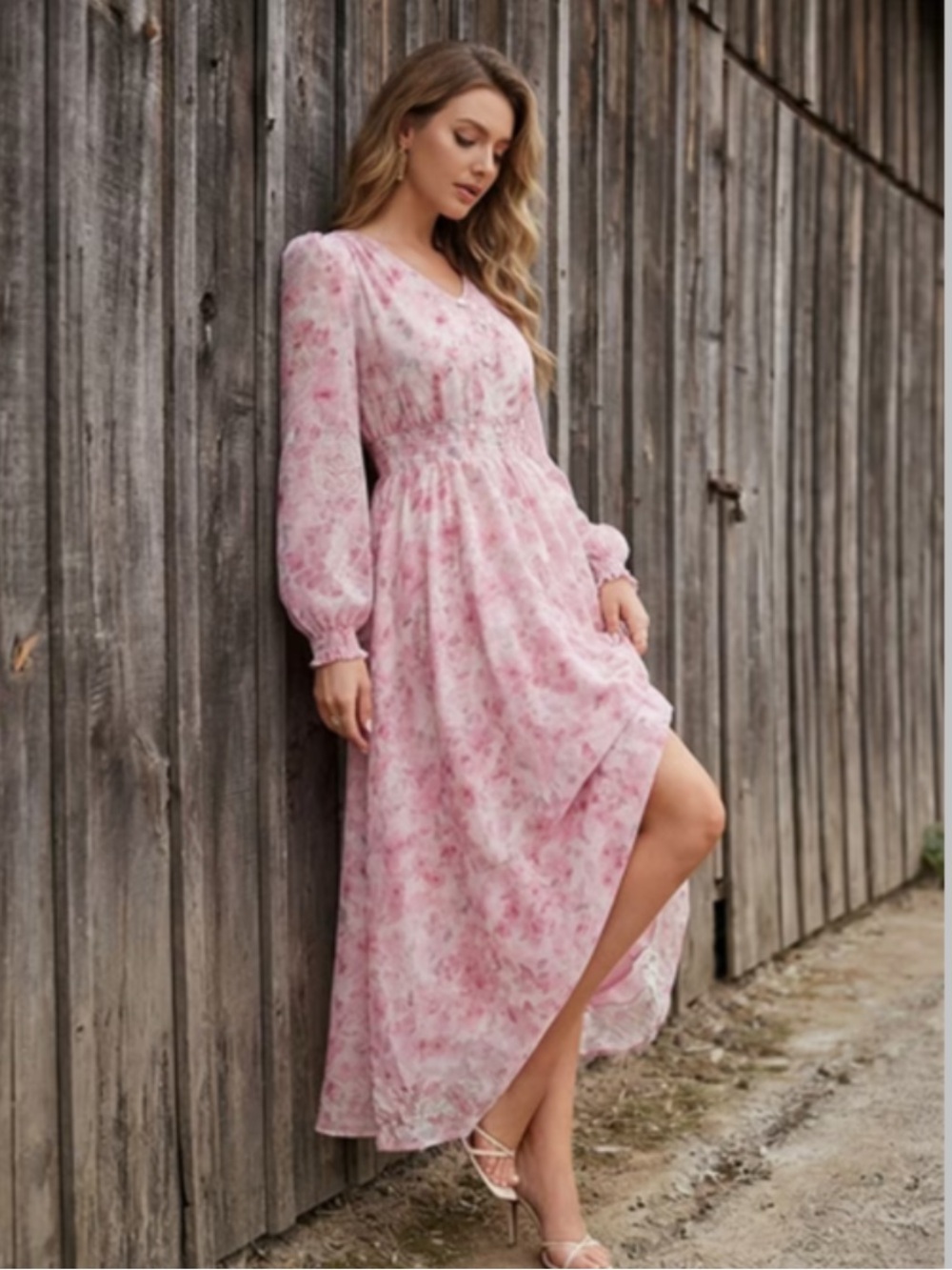 Pink Floral Long Sleeve Maxi Dress Hi Lo size M
